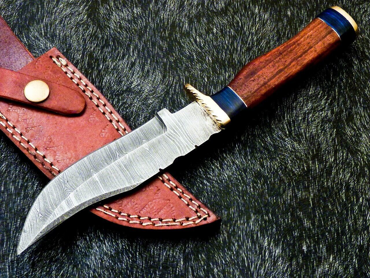 Heritage Forge 10 Inch Handmade Damascus Steel Bowie Hunting Knife with Wood and Brass Handle