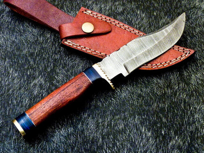 Heritage Forge 10 Inch Handmade Damascus Steel Bowie Hunting Knife with Wood and Brass Handle
