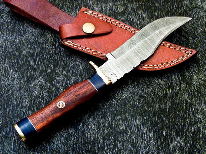 Heritage Forge 10 Inch Handmade Damascus Steel Bowie Hunting Knife with Wood and Brass Handle