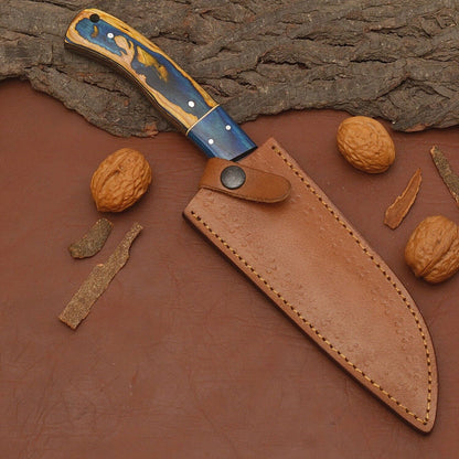 Custom Handmade Damascus Steel Chef Knife – 7" Kitchen Knife with Wood Handle & Leather Sheath