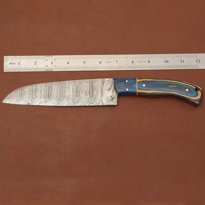 Custom Handmade Damascus Steel Chef Knife – 7" Kitchen Knife with Wood Handle & Leather Sheath