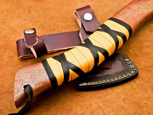Hand Forged Carbon Steel Viking Bearded Axe 15" Hatchet Tomahawk with Wood Handle and Leather Sheath