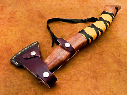 Hand Forged Carbon Steel Viking Bearded Axe 15" Hatchet Tomahawk with Wood Handle and Leather Sheath
