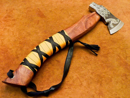 Hand Forged Carbon Steel Viking Bearded Axe 15" Hatchet Tomahawk with Wood Handle and Leather Sheath