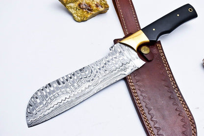 Custom Handmade Damascus Hunting/Chef Knife – 5.8" Blade with Micarta Handle, Brass Pins & Leather Sheath