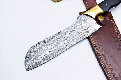Custom Handmade Damascus Hunting/Chef Knife – 5.8" Blade with Micarta Handle, Brass Pins & Leather Sheath