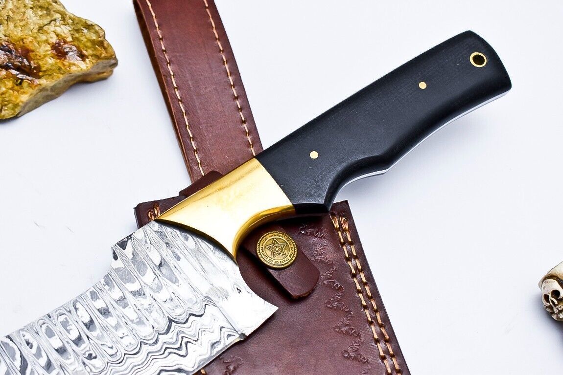 Custom Handmade Damascus Hunting/Chef Knife – 5.8" Blade with Micarta Handle, Brass Pins & Leather Sheath