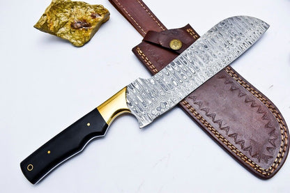 Custom Handmade Damascus Hunting/Chef Knife – 5.8" Blade with Micarta Handle, Brass Pins & Leather Sheath