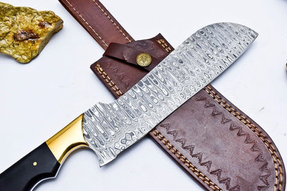 Custom Handmade Damascus Hunting/Chef Knife – 5.8" Blade with Micarta Handle, Brass Pins & Leather Sheath