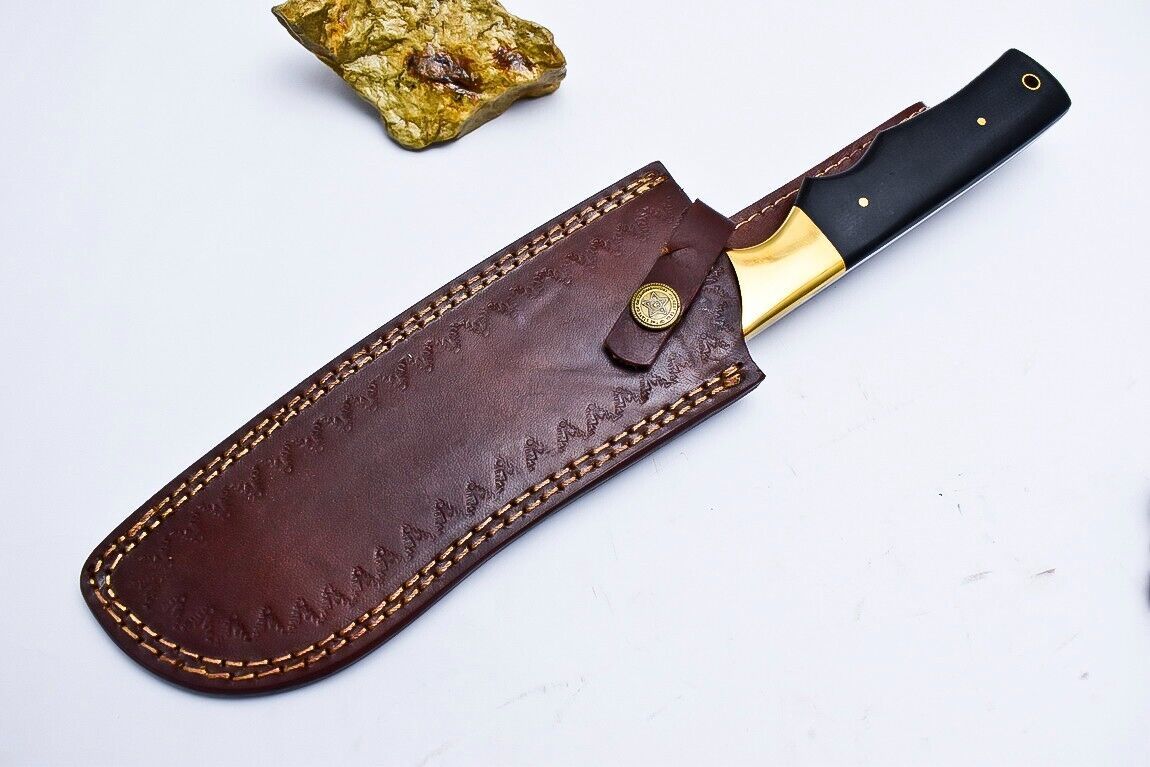 Custom Handmade Damascus Hunting/Chef Knife – 5.8" Blade with Micarta Handle, Brass Pins & Leather Sheath