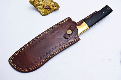 Custom Handmade Damascus Hunting/Chef Knife – 5.8" Blade with Micarta Handle, Brass Pins & Leather Sheath