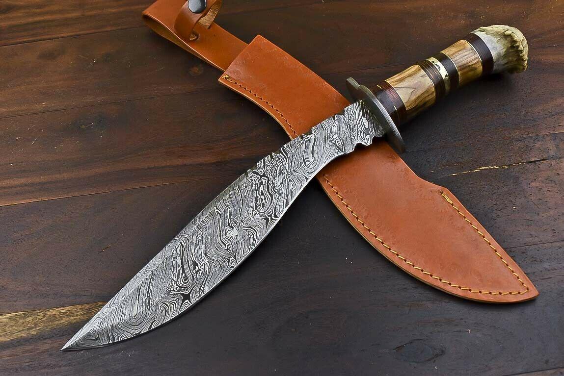 Handmade Damascus Bowie Knife | Crown Antler Handle 16" Hunting Blade