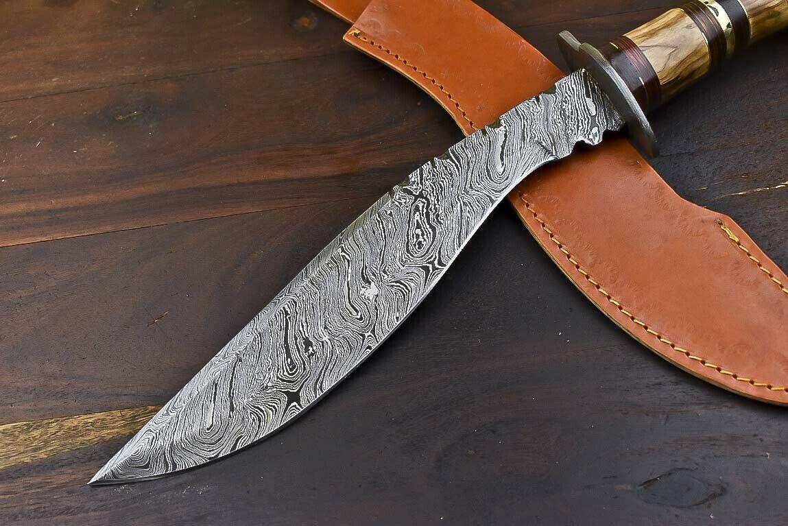 Handmade Damascus Bowie Knife | Crown Antler Handle 16" Hunting Blade