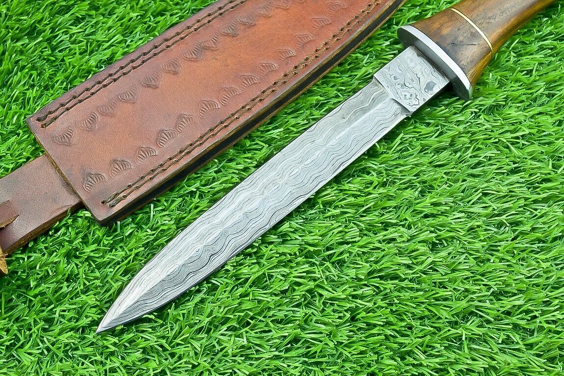 12" Damascus Steel Bowie Knife with Natural Wood Handle – Handmade Hunting Dagger Blade
