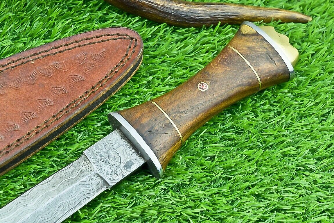 12" Damascus Steel Bowie Knife with Natural Wood Handle – Handmade Hunting Dagger Blade