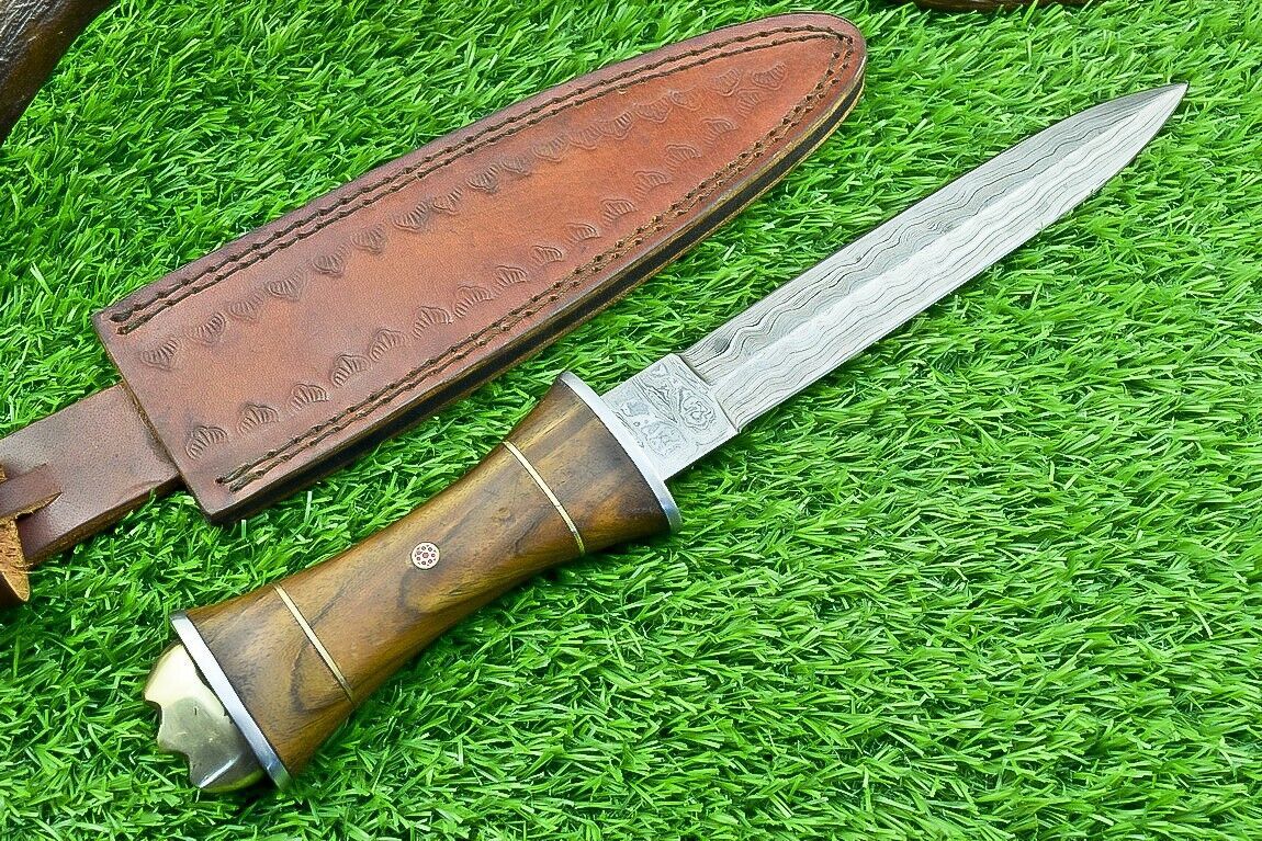 12" Damascus Steel Bowie Knife with Natural Wood Handle – Handmade Hunting Dagger Blade