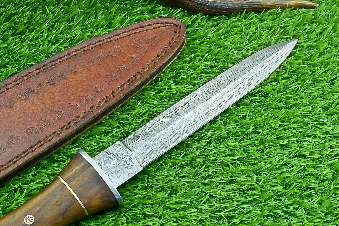 12" Damascus Steel Bowie Knife with Natural Wood Handle – Handmade Hunting Dagger Blade