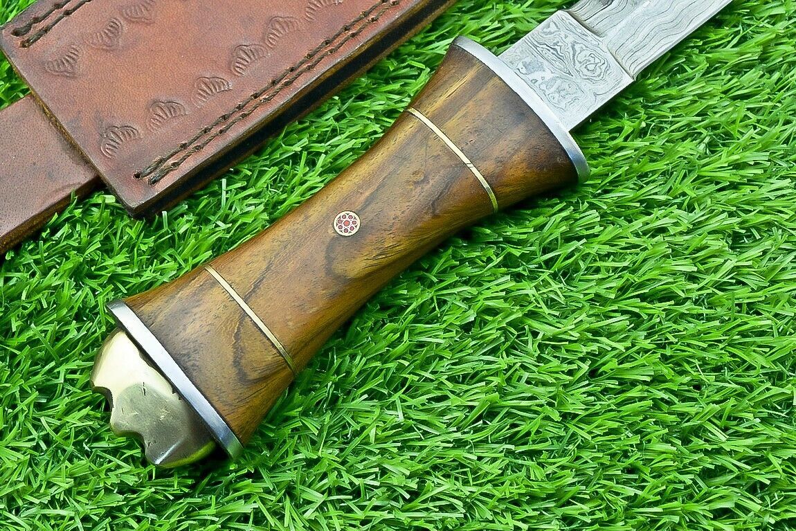 12" Damascus Steel Bowie Knife with Natural Wood Handle – Handmade Hunting Dagger Blade