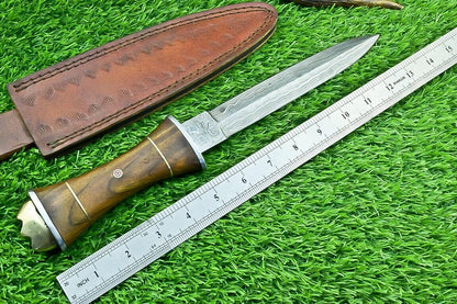 12" Damascus Steel Bowie Knife with Natural Wood Handle – Handmade Hunting Dagger Blade