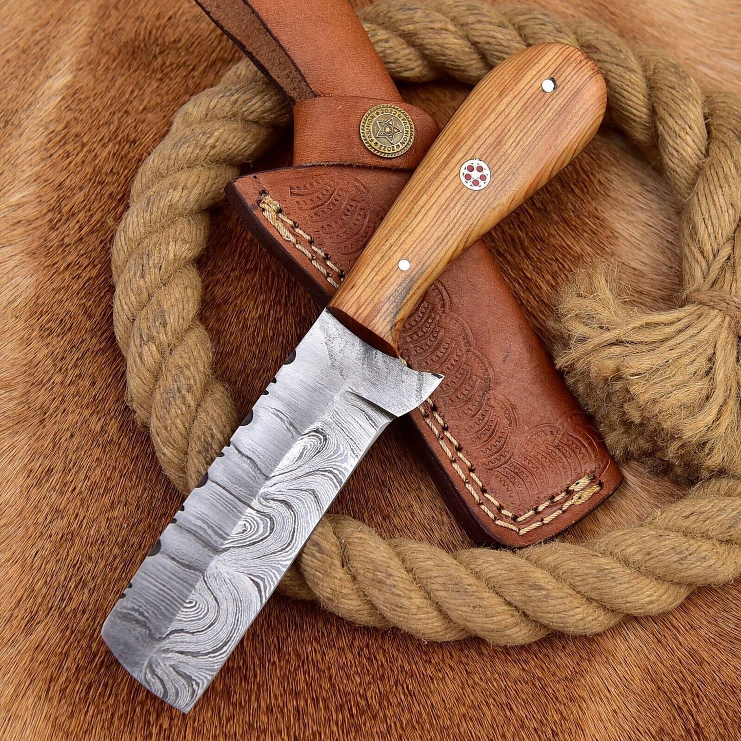 Damascus Steel Bull Cutter Knife Custom Handmade Hunting Bull Knife with Wood Handle