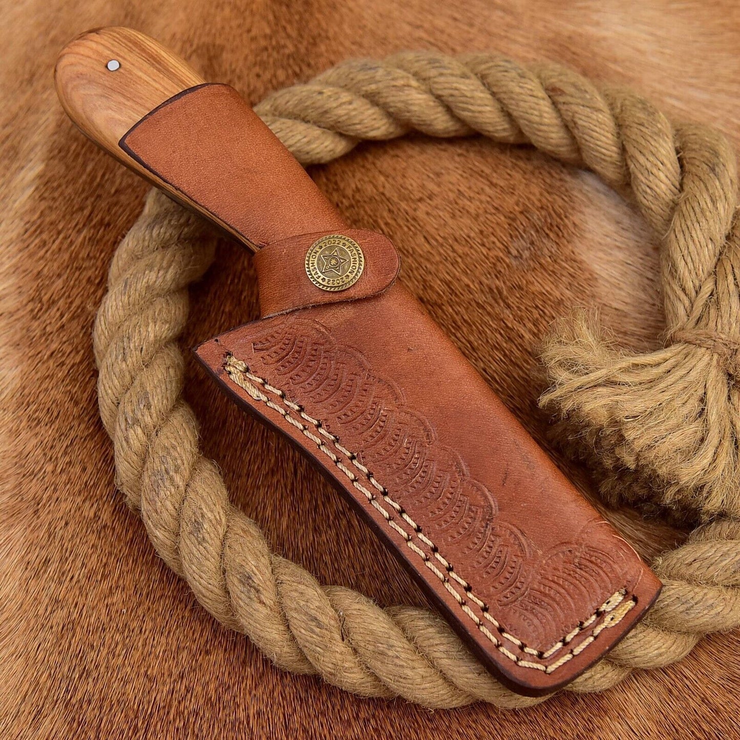 Damascus Steel Bull Cutter Knife Custom Handmade Hunting Bull Knife with Wood Handle