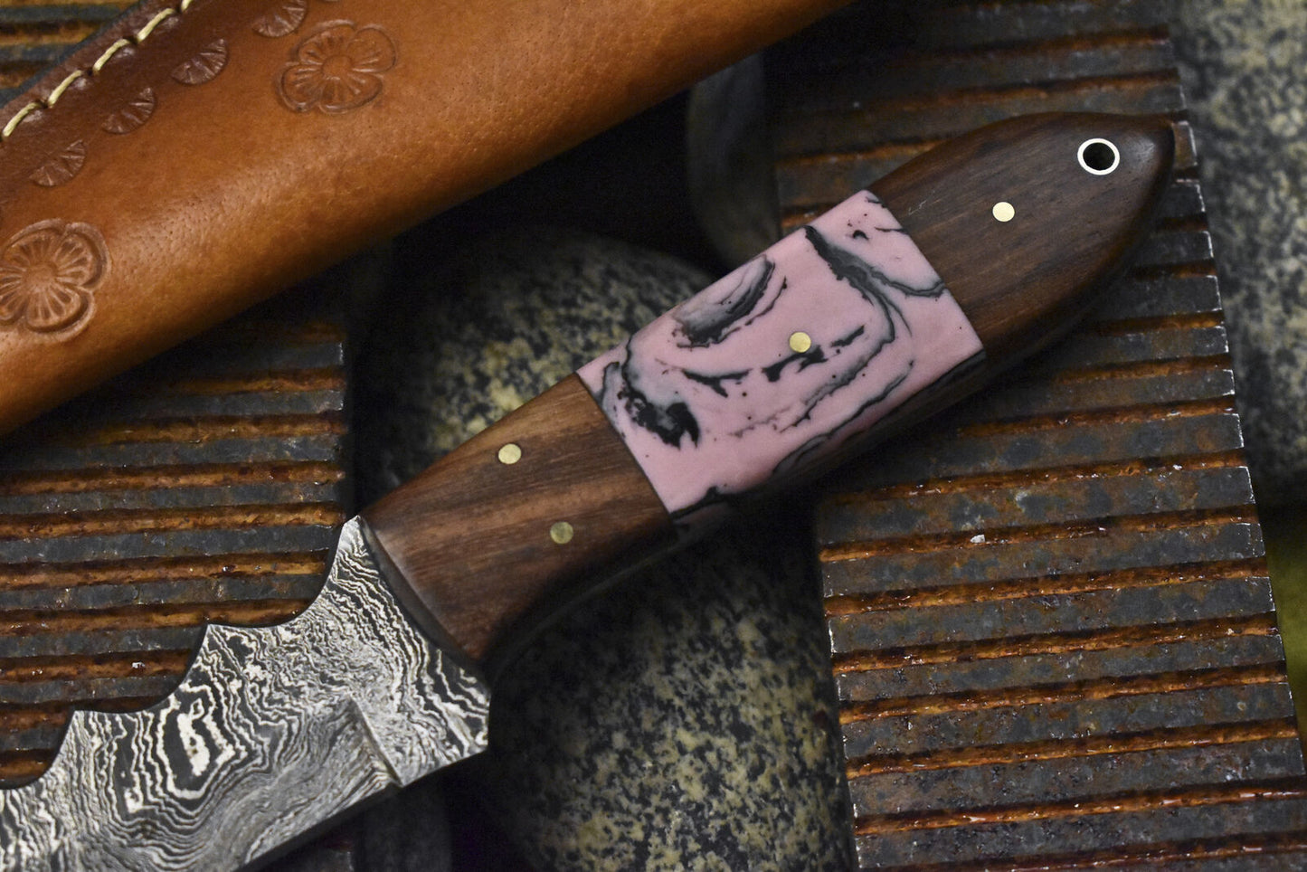 Forged Skinner Knife Twist Damascus Micarta Wooden Bolster EDC Bushcraft