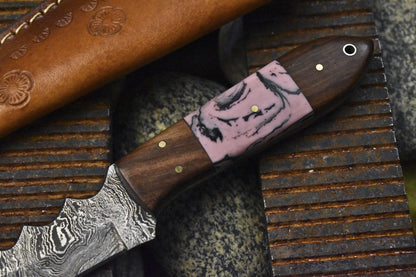 Forged Skinner Knife Twist Damascus Micarta Wooden Bolster EDC Bushcraft