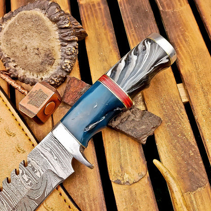 12 Inch Custom Damascus Bowie Knife with Resin Handle and Steel Bolster