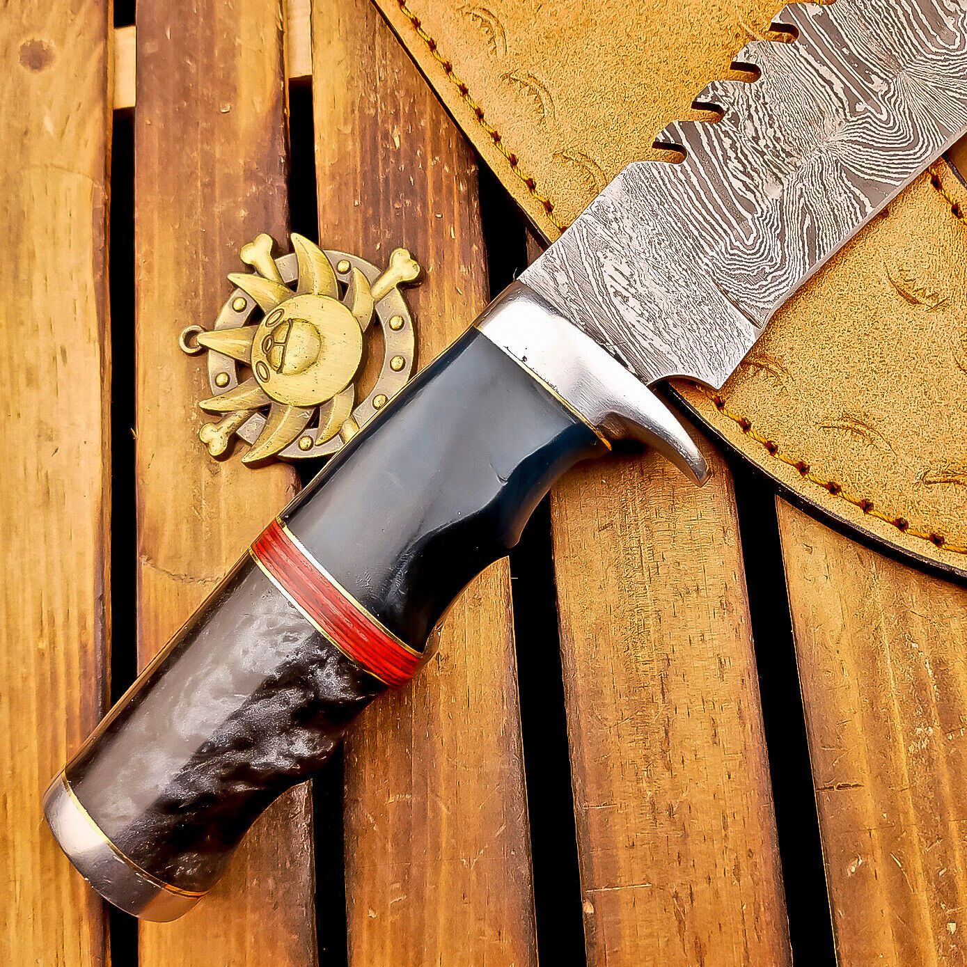 12 Inch Custom Damascus Bowie Knife with Resin Handle and Steel Bolster
