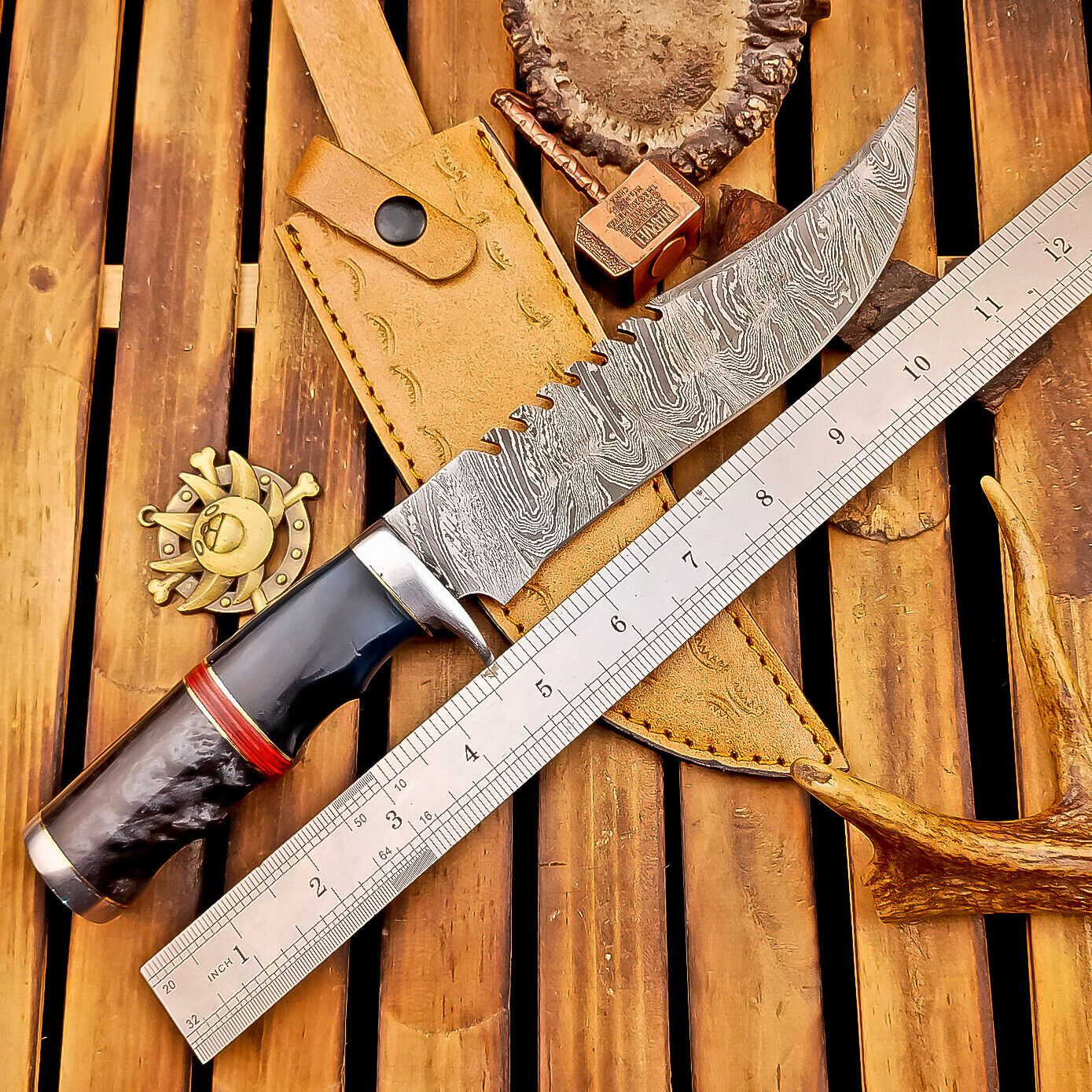 12 Inch Custom Damascus Bowie Knife with Resin Handle and Steel Bolster