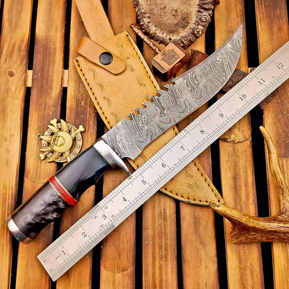 12 Inch Custom Damascus Bowie Knife with Resin Handle and Steel Bolster