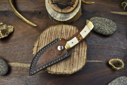 8" Twist Damascus Skinner Knife with Bone and Wood Handle and Brass Guard – Handmade EDC Blade