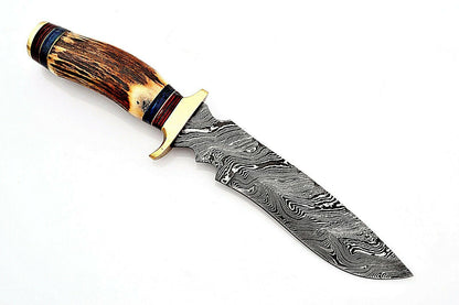 Heritage Forge Custom Damascus Hunting Knife with Stag Horn Handle and Brass Bolster