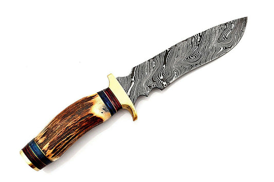 Heritage Forge Custom Damascus Hunting Knife with Stag Horn Handle and Brass Bolster
