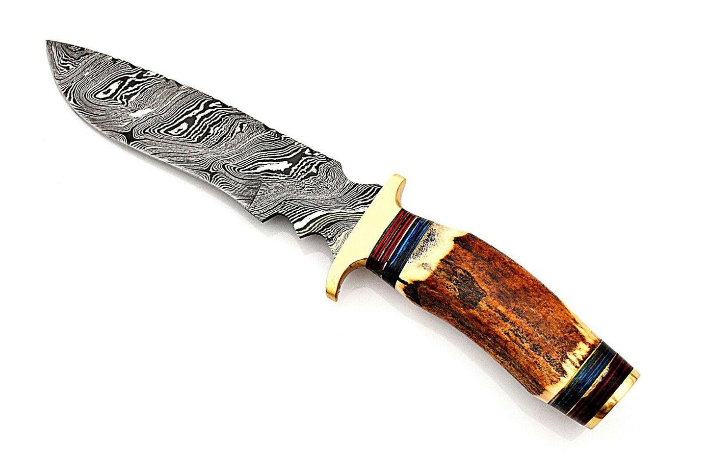 Heritage Forge Custom Damascus Hunting Knife with Stag Horn Handle and Brass Bolster
