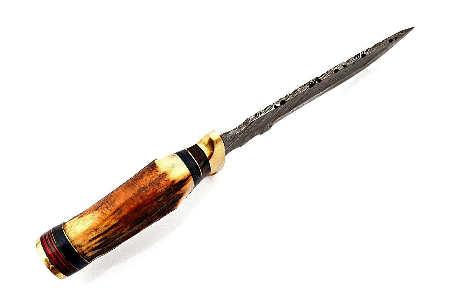 Heritage Forge Custom Damascus Hunting Knife with Stag Horn Handle and Brass Bolster