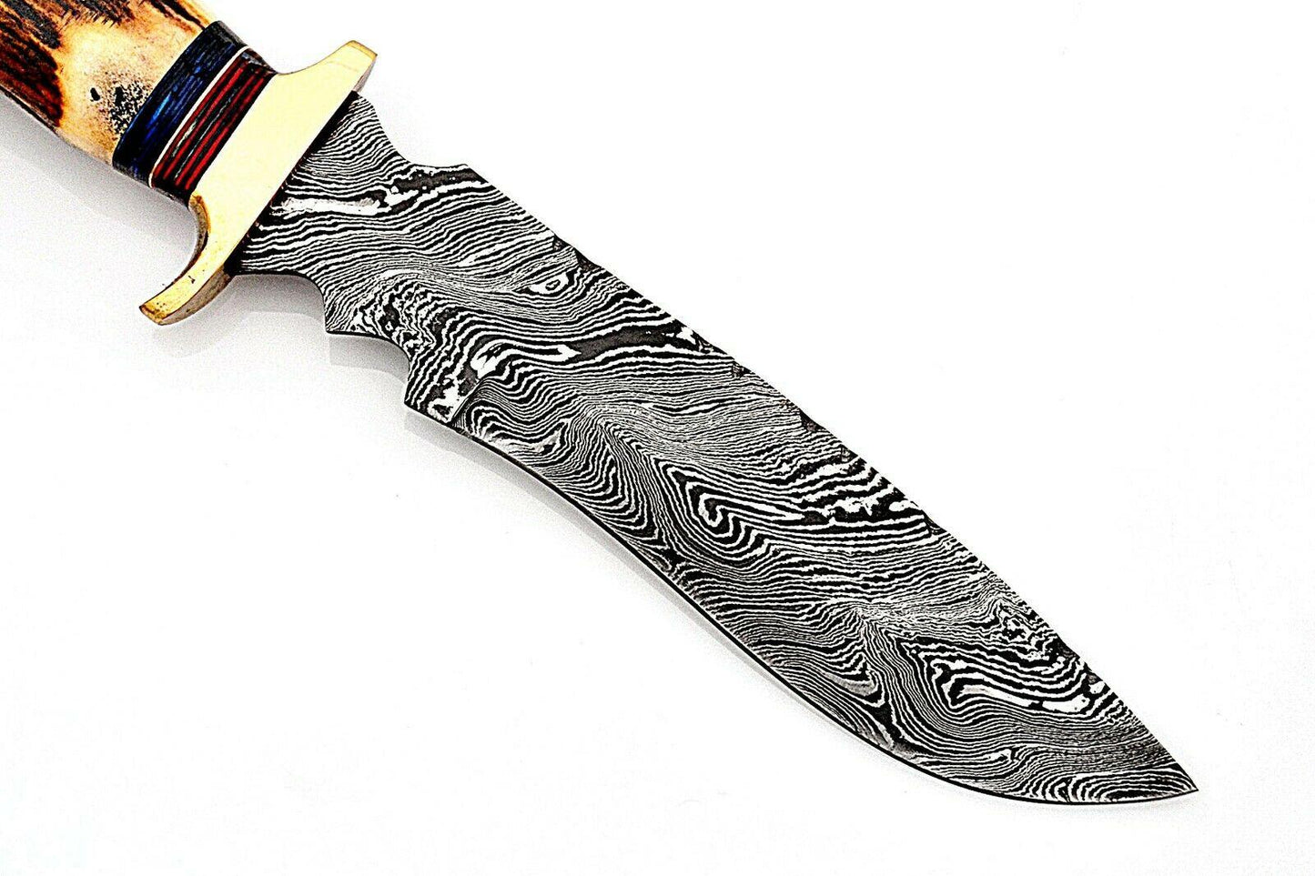 Heritage Forge Custom Damascus Hunting Knife with Stag Horn Handle and Brass Bolster
