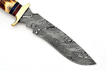 Heritage Forge Custom Damascus Hunting Knife with Stag Horn Handle and Brass Bolster