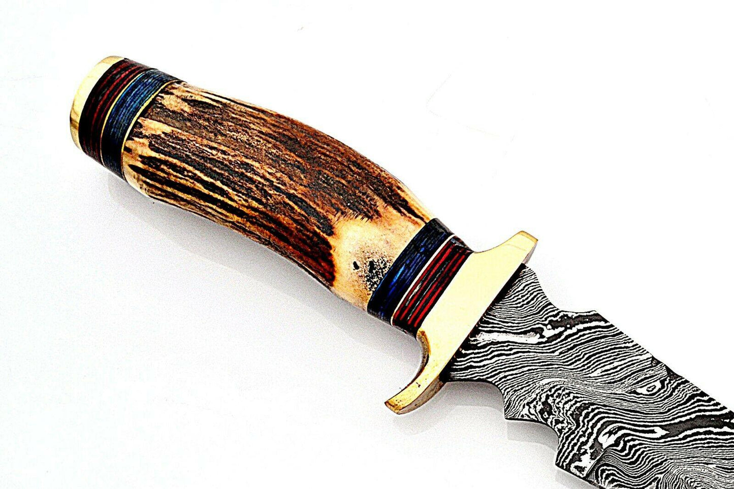Heritage Forge Custom Damascus Hunting Knife with Stag Horn Handle and Brass Bolster