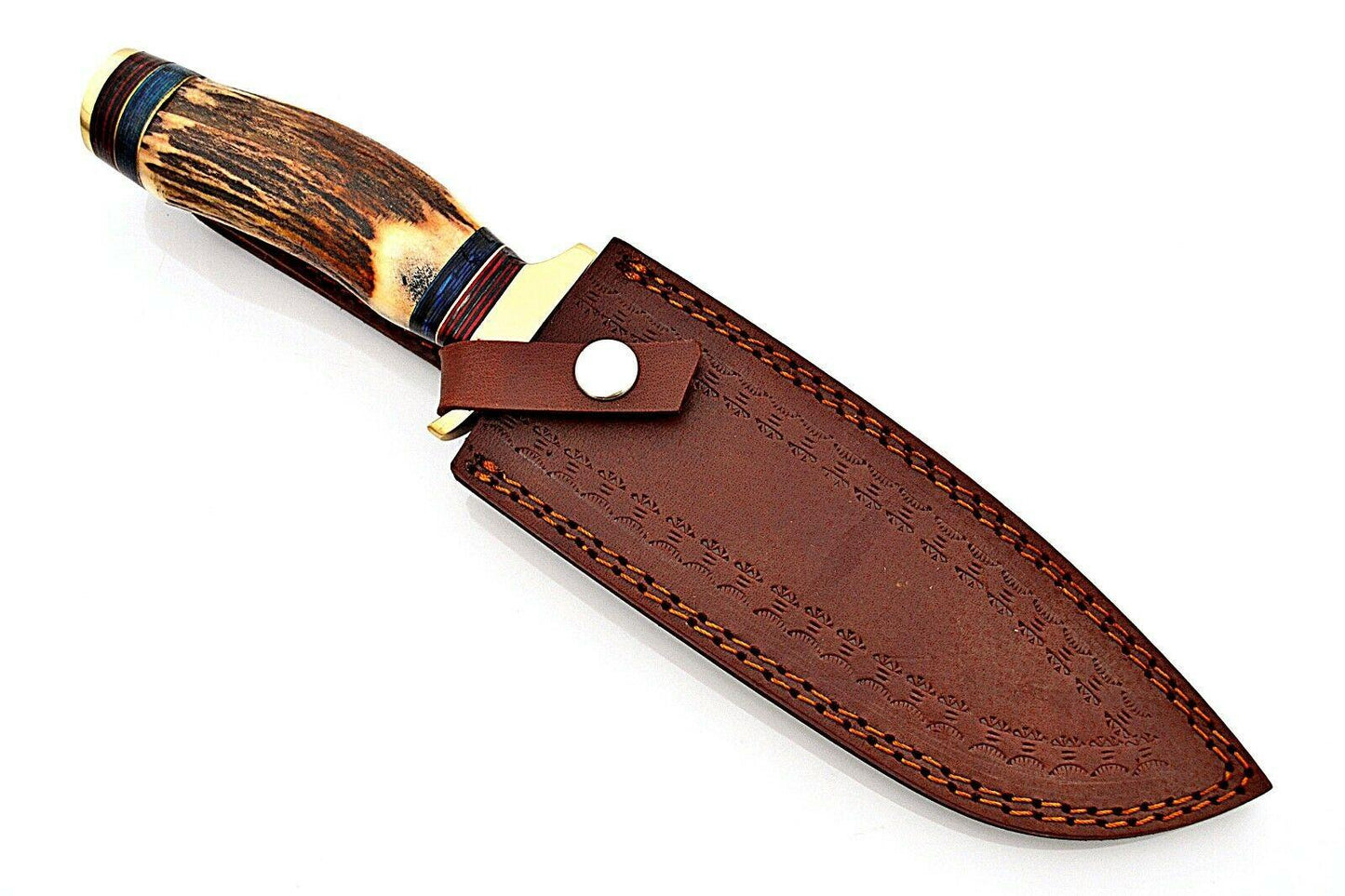 Heritage Forge Custom Damascus Hunting Knife with Stag Horn Handle and Brass Bolster