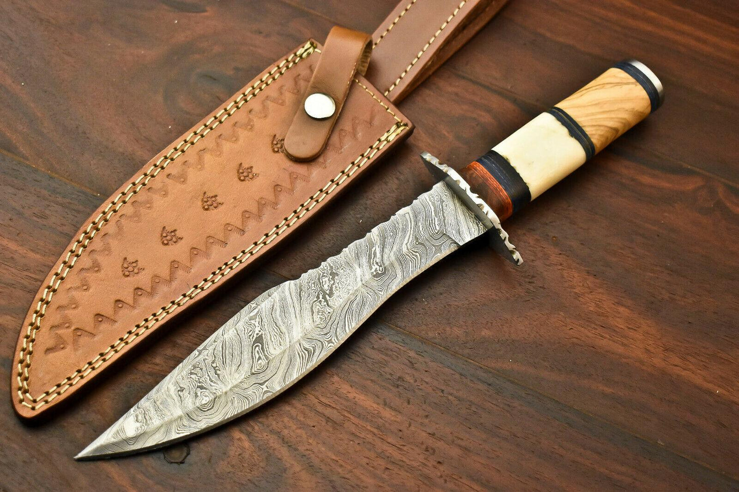 13" Handmade Damascus Steel Bowie Knife with Camel Bone Handle