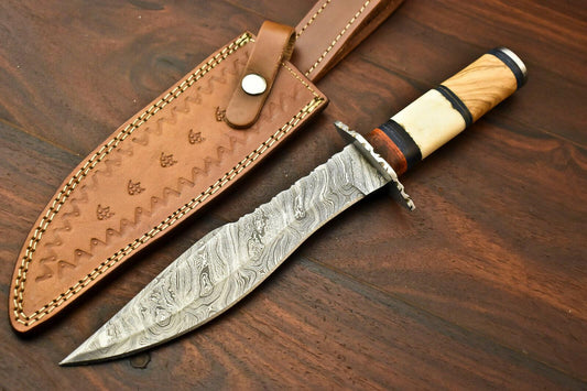 13" Hand Forged Custom Bowie Knife Damascus Steel Knife with Camel Bone Handle & Sheath
