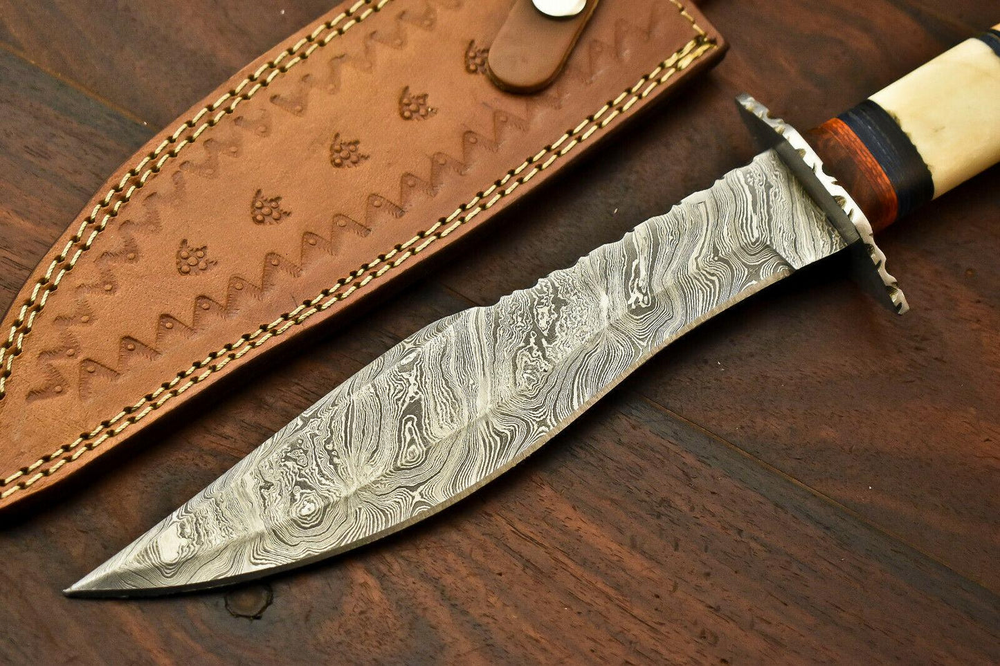 13" Handmade Damascus Steel Bowie Knife with Camel Bone Handle