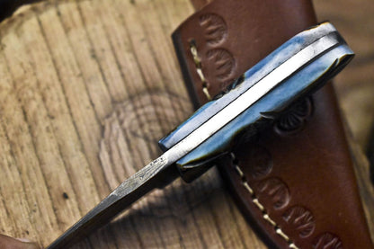 Hand Forged Twist Damascus Skinner Knife with Bone Handle | Tactical Miniature Hunting Knife