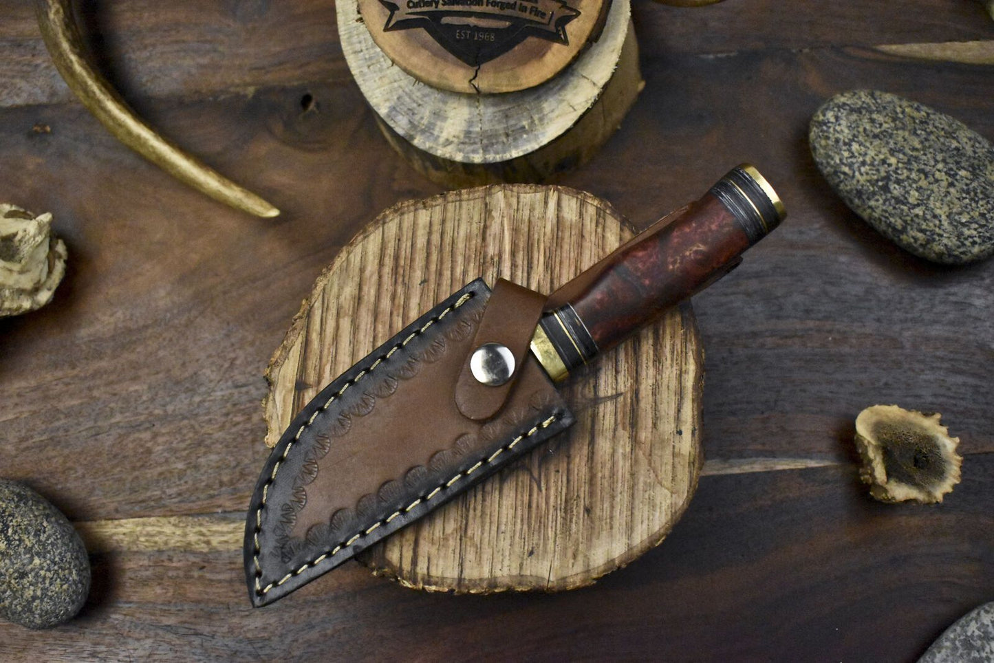 Handmade Skinner Knife w Gut Hook Twist Damascus Corain Decoration