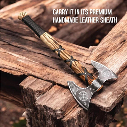 Norse Berserker Axe – Hand Forged Scandinavian Double Head Viking Axe with Leather Sheath