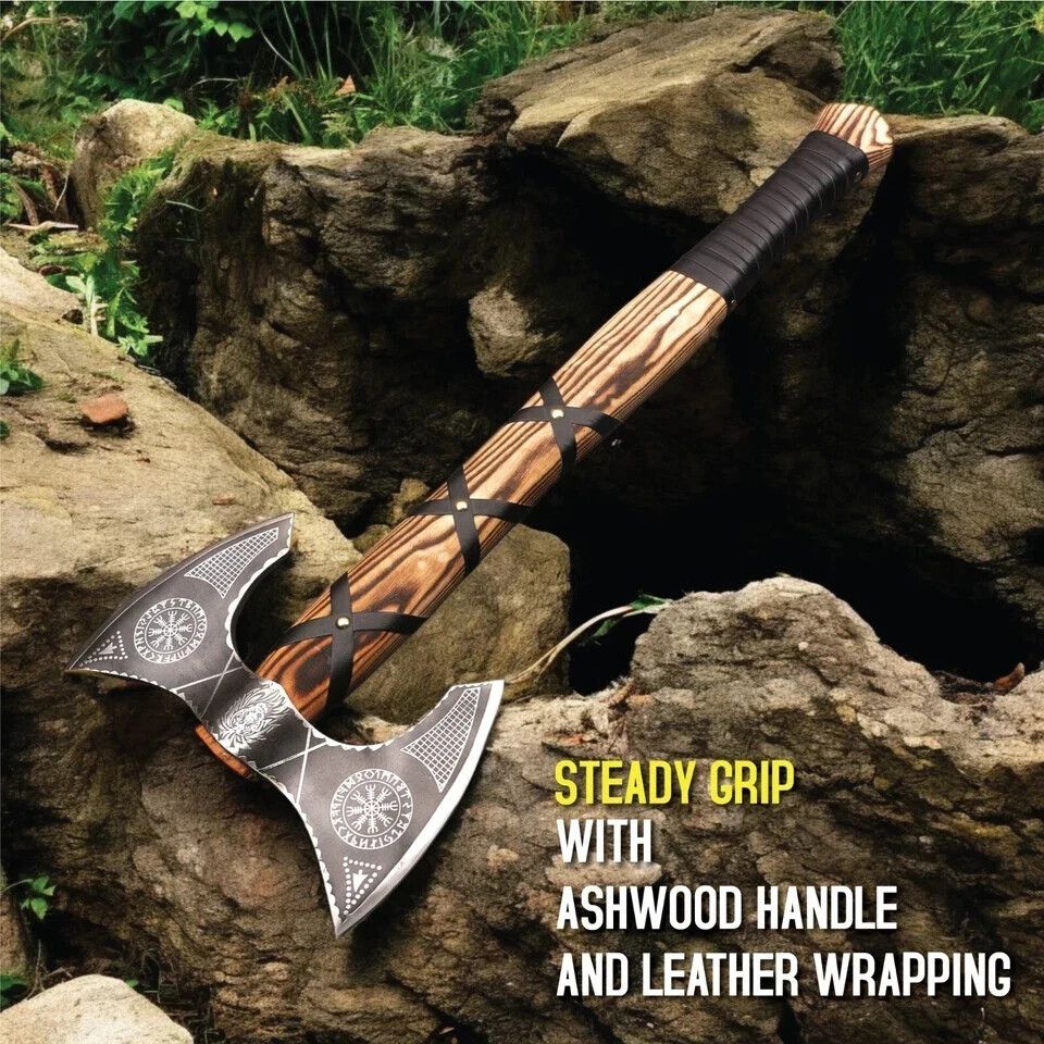 Norse Berserker Axe – Hand Forged Scandinavian Double Head Viking Axe with Leather Sheath