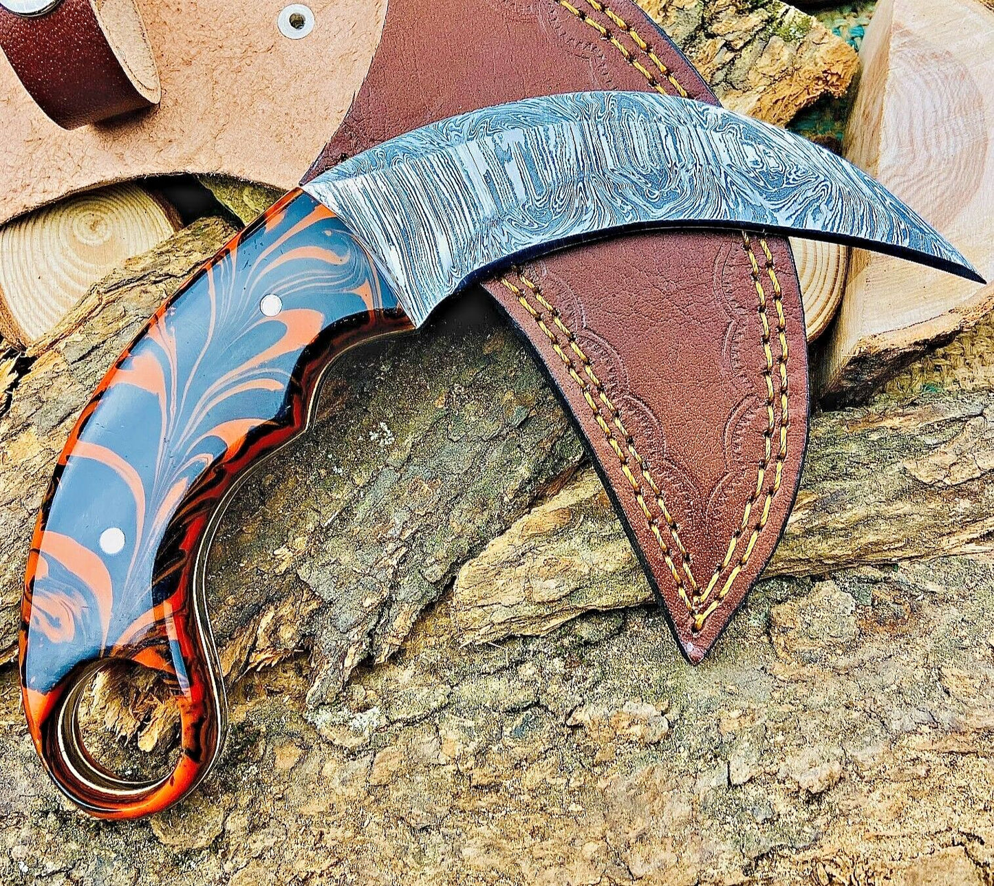 Handmade Damascus Karambit Knife Custom Damascus Steel Karambit With Resin Handle