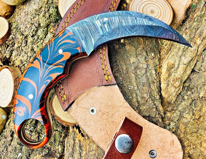 Handmade Damascus Karambit Knife Custom Damascus Steel Karambit With Resin Handle