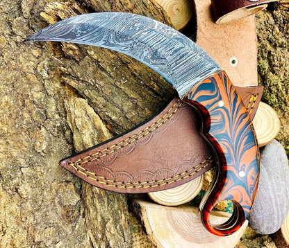 Handmade Damascus Karambit Knife Custom Damascus Steel Karambit With Resin Handle